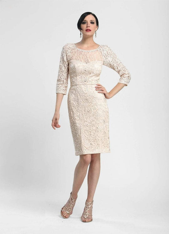 Sue Wong - N4118 Bateau Neck Embellished Lace Cocktail Dress in Neutral