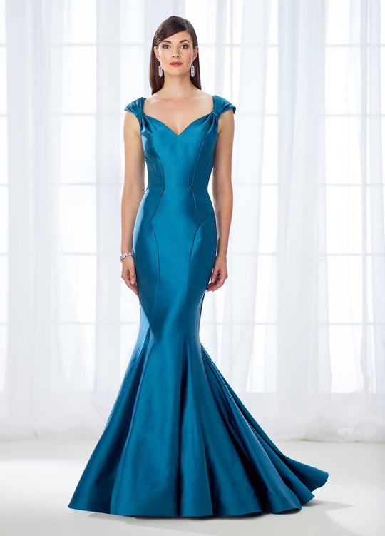 Cameron Blake - Fitted Cap Sleeves Stretch Satin Mermaid Gown 118661 in Blue and Green