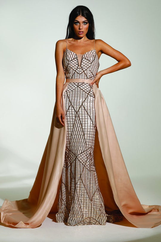 Tinaholy Couture - T17128 Sequin Mermaid Gown with Satin Skirt Overlay In Gold