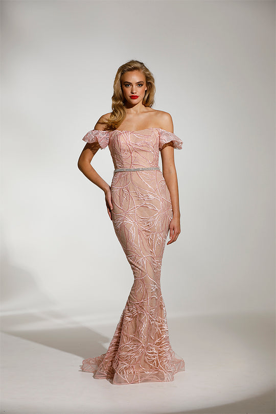 Tinaholy Couture - T1831 Off-Shoulder Web Mermaid Evening Gown In Pink and Neutral