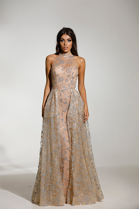 Tinaholy Couture - T1845 Floral Lace High Halter Dress With Overlay In Silver and Neutral