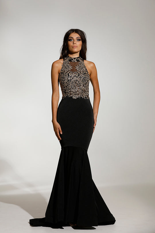 Tinaholy Couture - T1848 Applique Halter Mermaid Dress With Train In Black and Gold