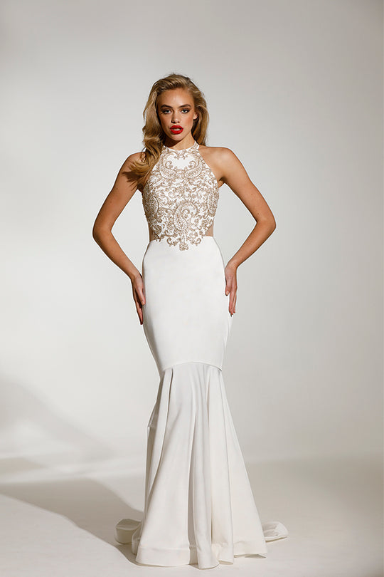 Tinaholy Couture - T1849 Gold Applique Halter Mermaid Dress With Train In White and Gold