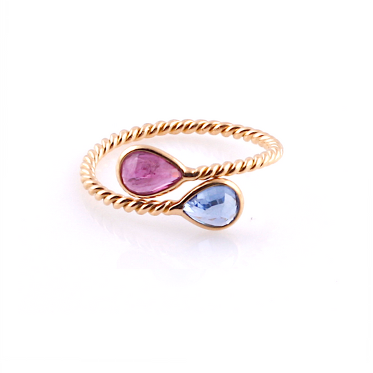 Tresor Collection - Blue Sapphire and Pink Tourmaline Pear-Shaped Faceted Ring in 18K Yellow Gold