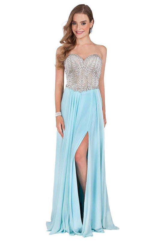 Terani Couture - 1611P0207 Strapless Beaded Foliage Chiffon Long Gown In Blue