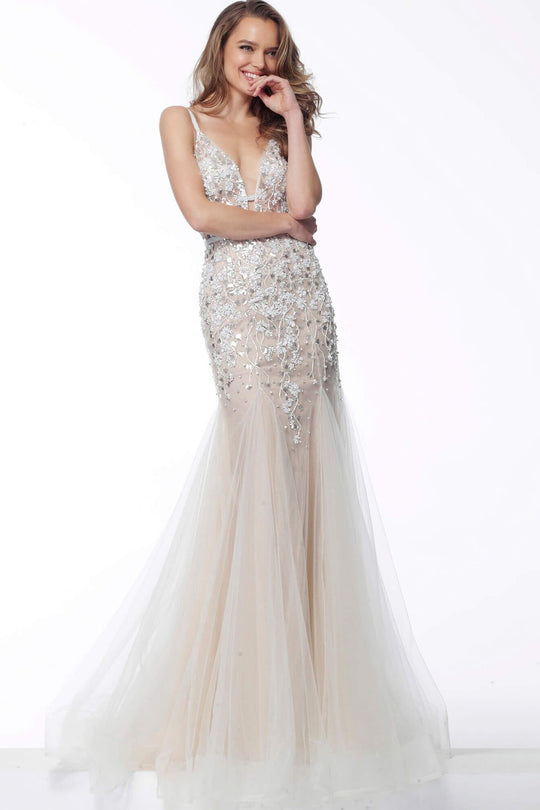 Jovani - 65325 Sleeveless Open Back Long Dress In White and Neutral