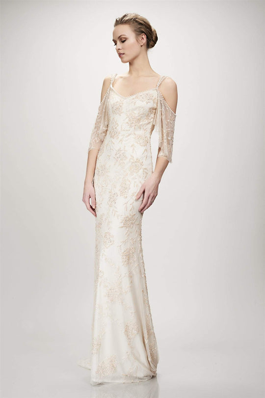 Theia - 890425 Draping Quarter Sleeve Beaded Long Sheath Gown In Ivory