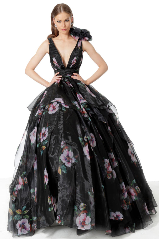 Jovani - 67114 Low V-Neck Floral Ballgown In Black and Multi