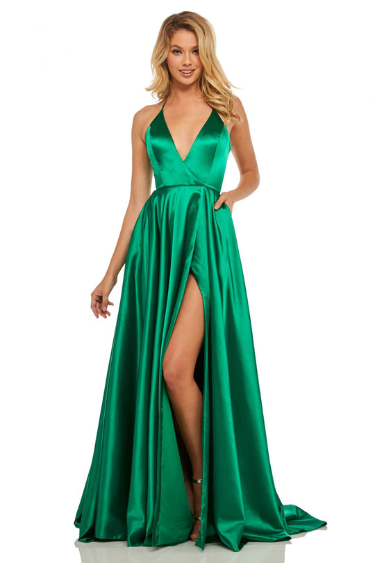 Sherri Hill - 52921 Halter Neck Satin A-line Dress with Slit In Green