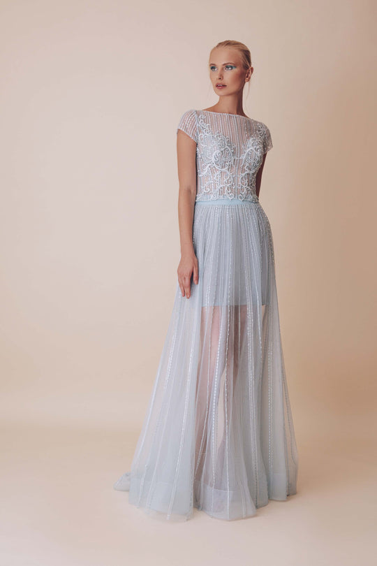 Gatti Nolli Couture - OP-4909/4959 Embroidered Bateau A-line Dress In Blue 