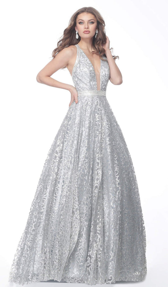 Jovani - 62739 Deep V-neck Brocade Ballgown In Silver