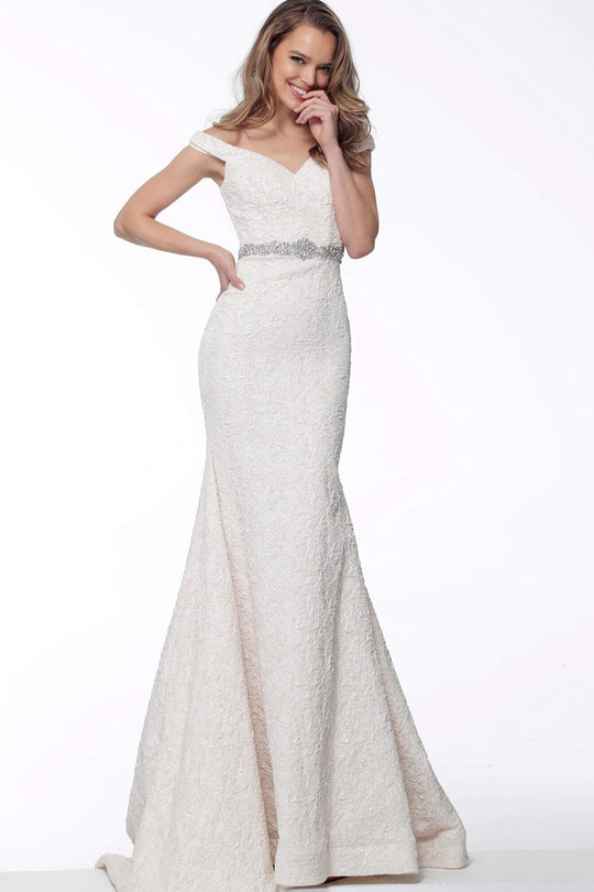 Jovani - 63650 Crystal Embellished Off-Shoulder Trumpet Dress In White and Gold