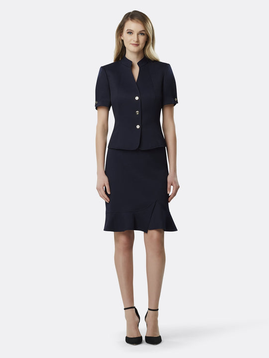 Tahari Asl - 8180M865 Short Sleeve Stand Collar Twill Crepe Skirt Suit In Blue