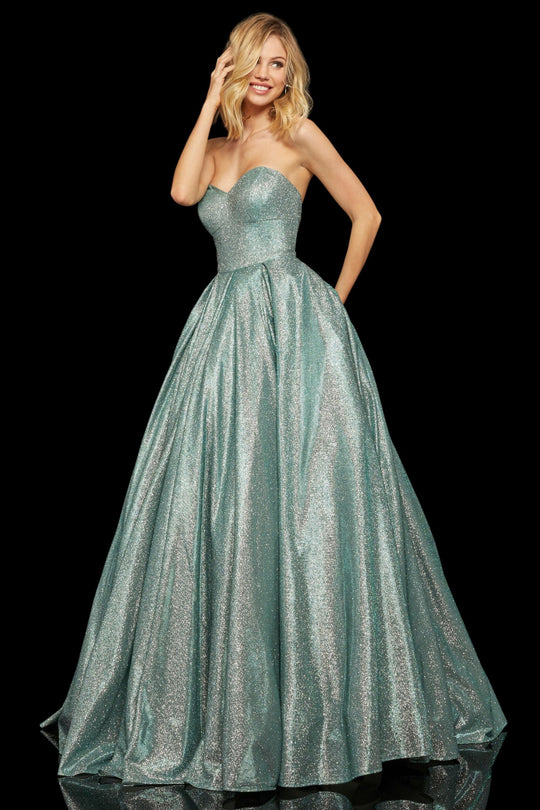 Sherri Hill - 52959 Strapless Sweetheart Glitter A Line Dress In Green and Silver