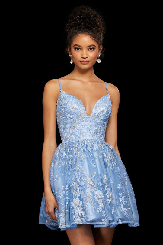 Sherri Hill - 53074 Beaded Lace Sweetheart A-Line Short Dress In Blue