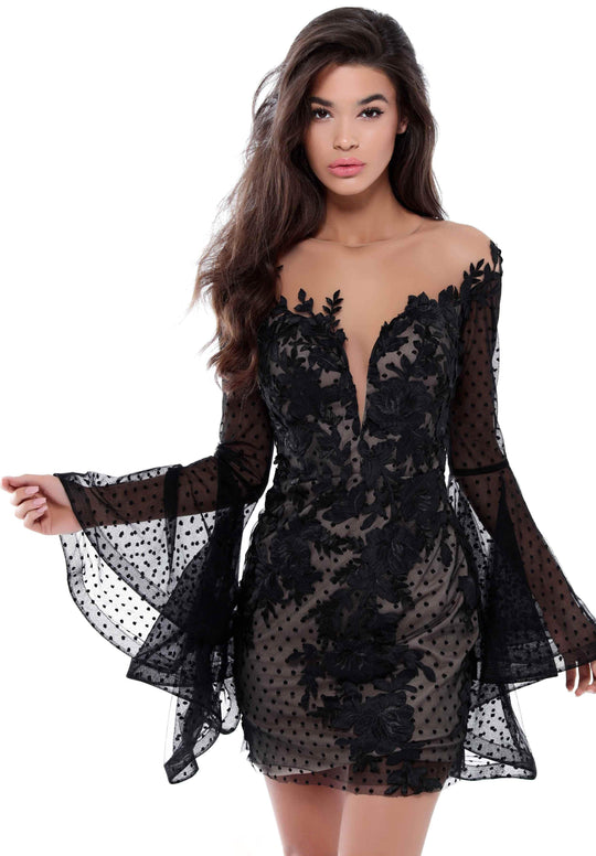 Tarik Ediz - 50413 Floral Lace With Polka Dots Sheath Dress In Black