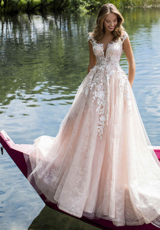 Tarik Ediz - 50415 Floral Lace Cap Sleeve Illusion Neck Ballgown In Pink