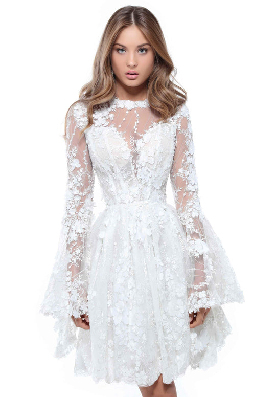 Tarik Ediz - 50417 Floral Embroidered Long Bell Sleeve A-line Dress In White