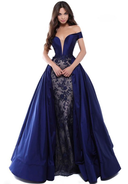 Tarik Ediz - 50426 Floral Lace Deep Off-Shoulder Gown With Overskirt In Blue