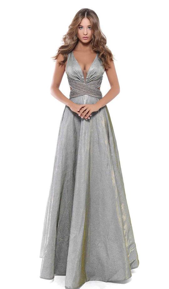 Tarik Ediz - 50436 Embellished Deep V-neck A-line Dress In Gray