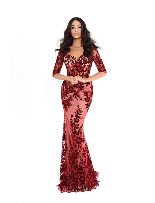 Tarik Ediz - 93666 Floral Applique Off-Shoulder/V-neck Trumpet Dress