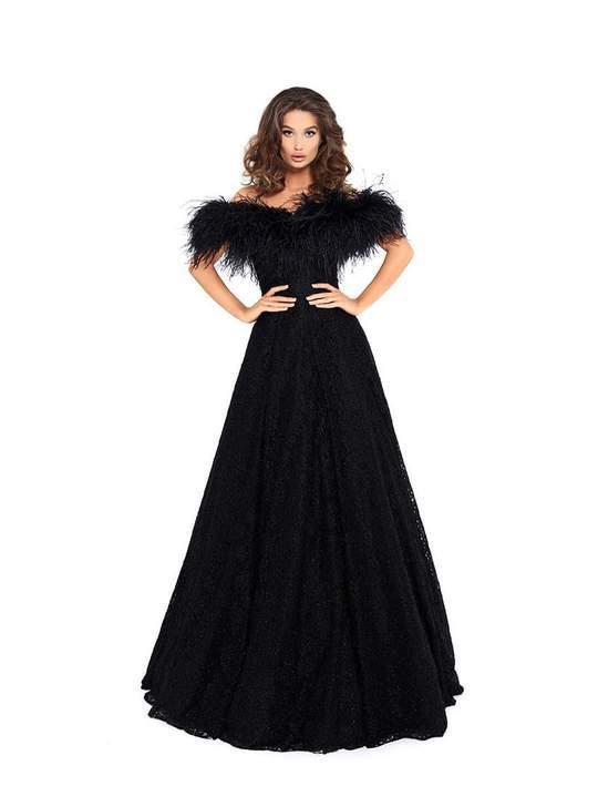 Tarik Ediz - 93707 Feathered Off-Shoulder Floral Lace A-line Dress