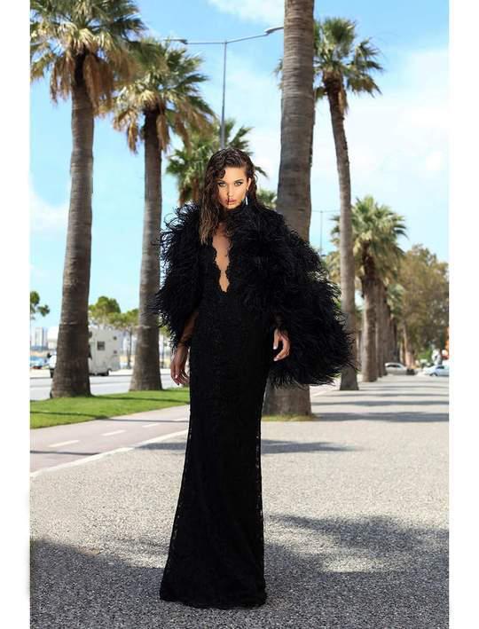 Tarik Ediz - 93708 Lace Illusion/Deep V-neck Dress With Feather Boa