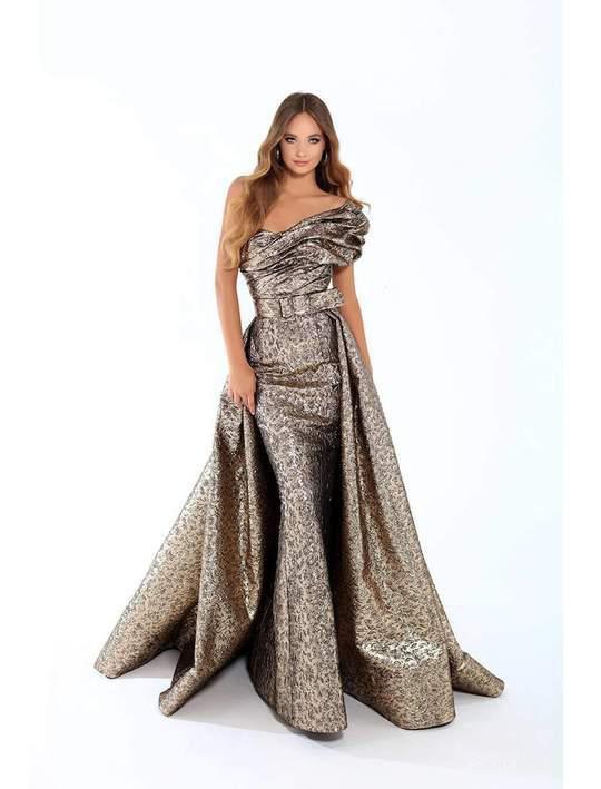 Tarik Ediz - 93709 Ruched Jacquard Trumpet Dress With Overskirt