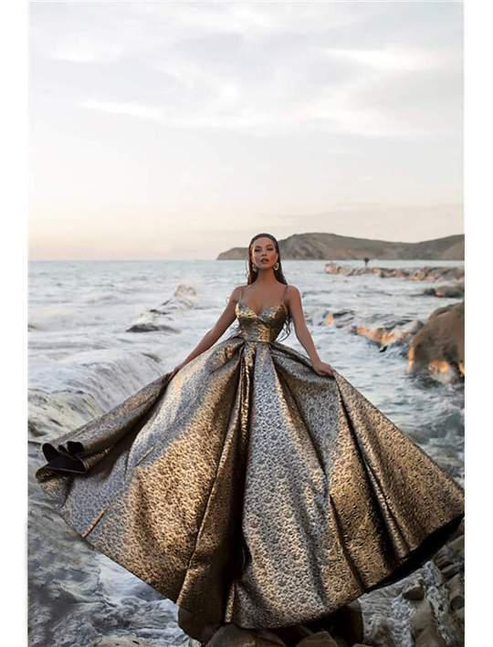 Tarik Ediz - 93710 Plunging V-neck Jacquard Pleated Ballgown