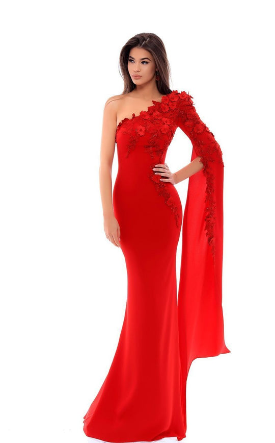 Tarik Ediz - 93405 Hanging Sleeve Appliqued Asymmetrical Long Gown In Red