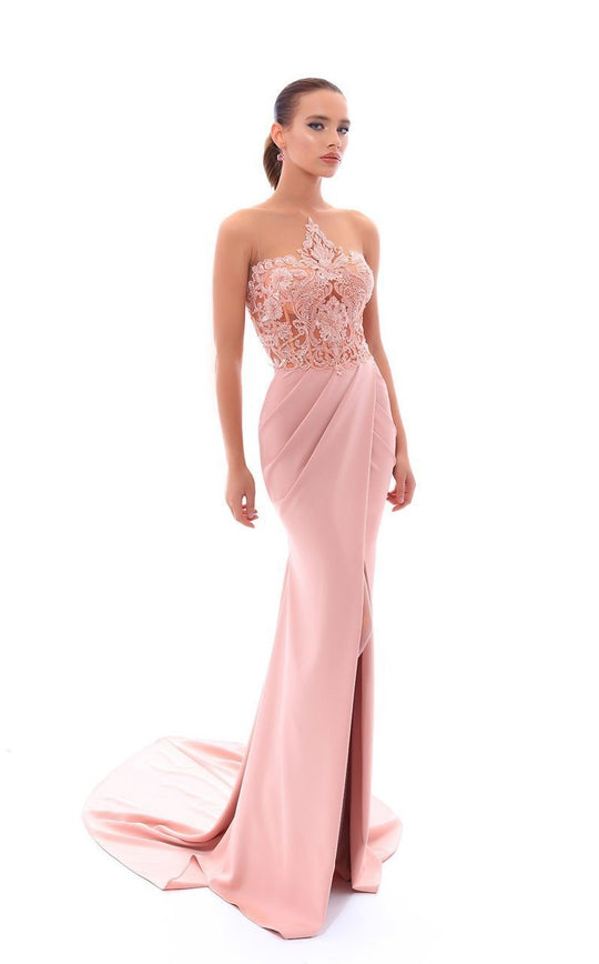 Tarik Ediz - 93408 Illusion Beaded Floral Lace High Slit Gown In Pink