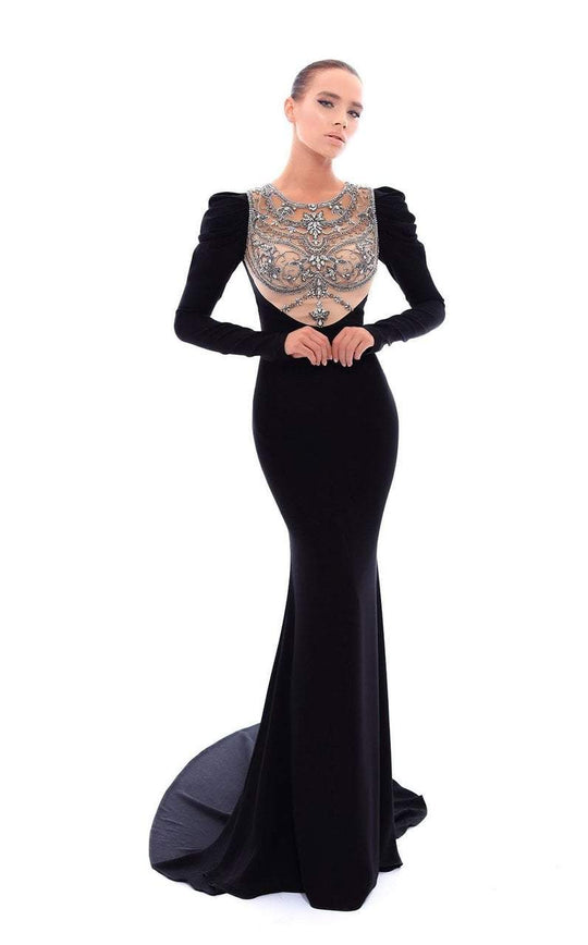 Tarik Ediz - 93423 Bejeweled Illusion Bodice Long Sleeve Gown In Black