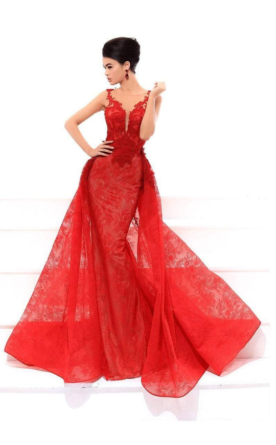Tarik Ediz - 93439 Plunging Illusion Applique Lace Overskirt Gown In Red