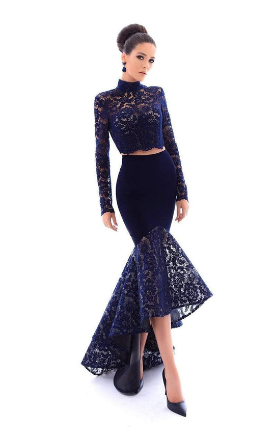 Tarik Ediz - 93441 Two Piece Long Sleeves Lace Mermaid Gown In Blue