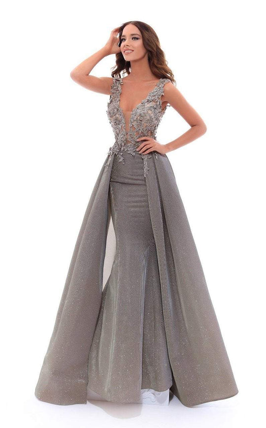 Tarik Ediz - 93444 Plunging Mermaid Gown with A-Line Overskirt In Gray