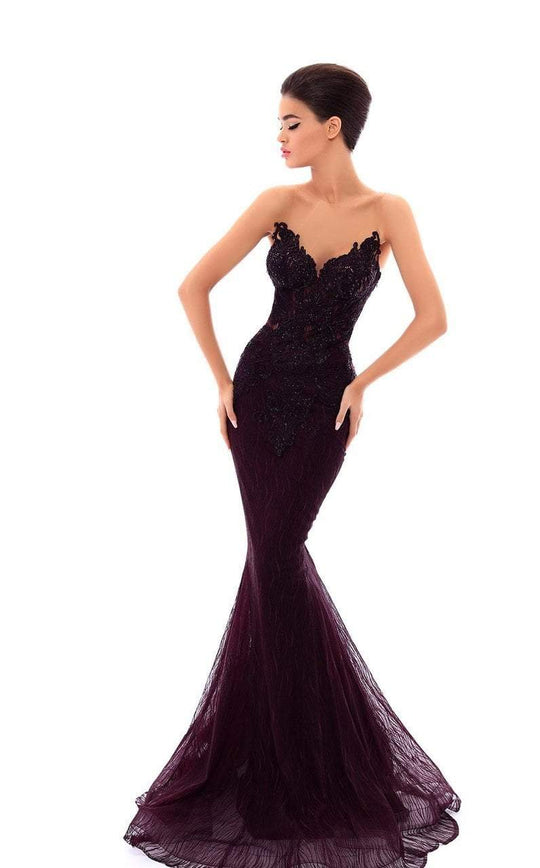 Tarik Ediz - 93465 Beaded Strapless Fitted Mermaid Gown In Purple