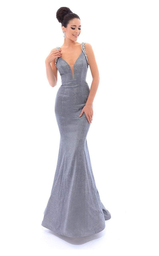 Tarik Ediz - 93468 Jeweled Plunging Glitter Jersey Mermaid Gown In Silver