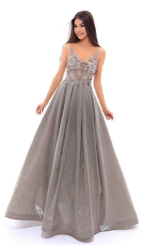 Tarik Ediz - 93480 Floral Appliqued Pleated Ballgown In Gray
