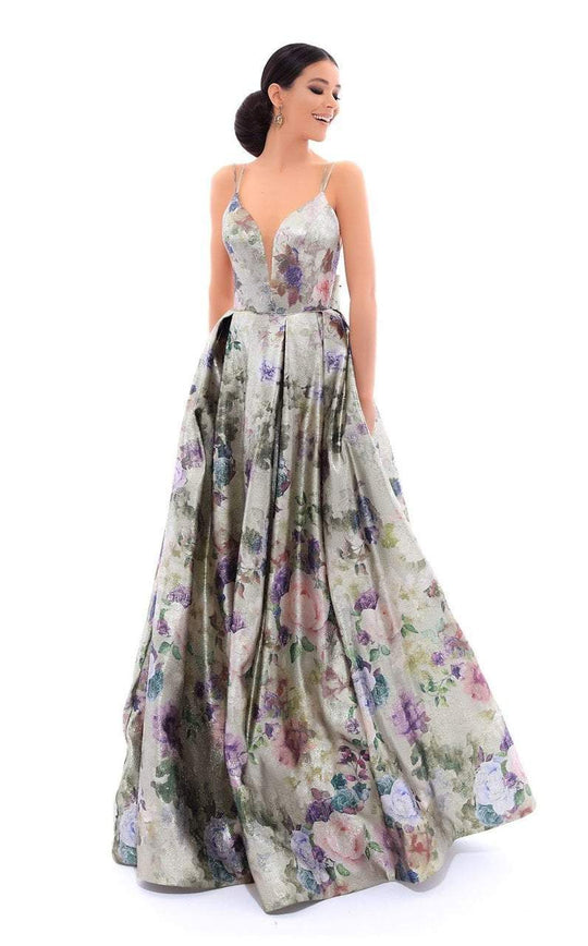 Tarik Ediz - 93483 Floral Plunging Pleated Ballgown In Multi-Color