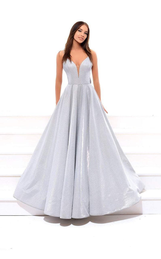 Tarik Ediz - 93492 Soft Pleated Plunging Bow Ballgown In Silver