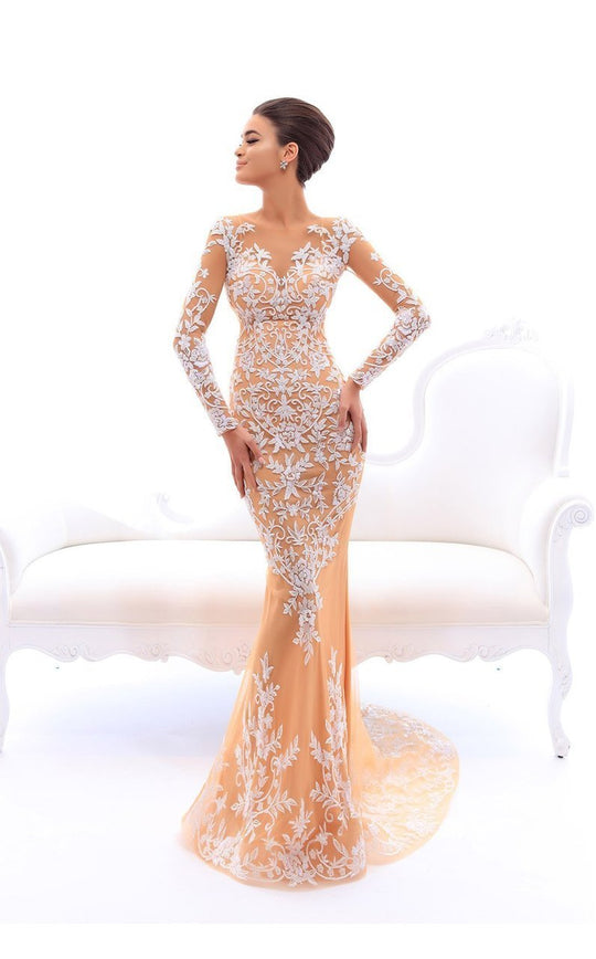 Tarik Ediz - 93495 Illusion High Neckline Beaded Long Sleeve Dress In White and Neutral