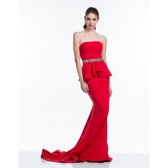 Terani Couture - 151E0447A Strapless Peplum Trumpet Gown in Red