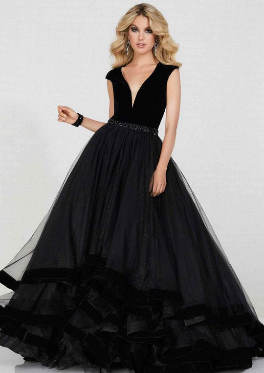 Tiffany Homecoming - 46111 Plunging V-neck Velvet Tulle Ballgown In Black