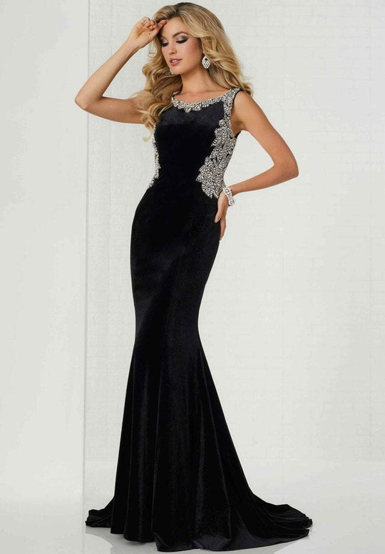 Tiffany Homecoming - 46112 Beaded Bateau Velvet Trumpet Dress In Black