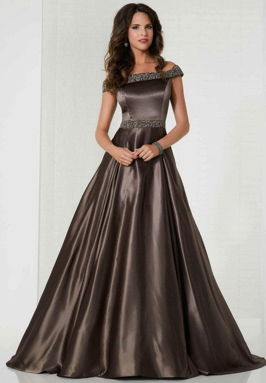 Tiffany Homecoming - 46115 Beaded Off-Shoulder A-Line Gown In Gray