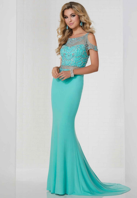 Tiffany Homecoming - 46116 Beaded Cold Shoulder Fitted Evening Gown In Blue and Silver