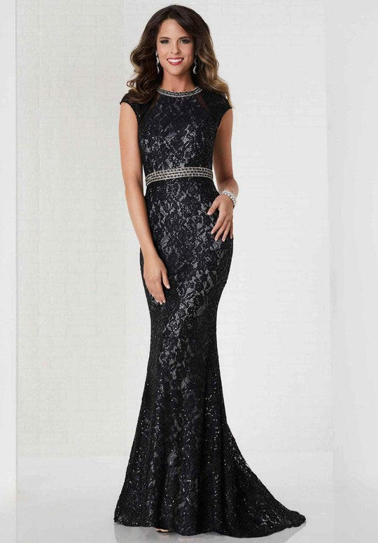 Tiffany Homecoming - 46118 Lavish Lace Jewel Neckline Long Gown In Black and Silver