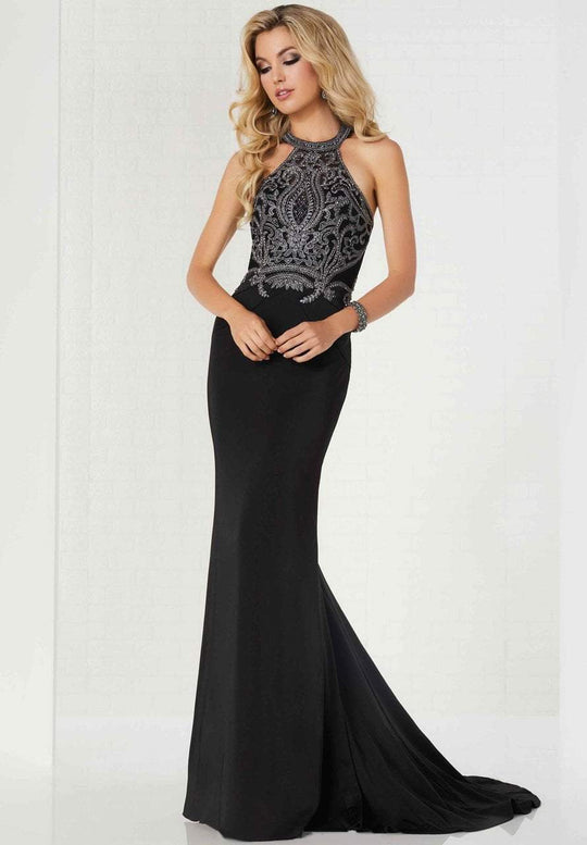 Tiffany Homecoming - 46121 Appliqued Fitted Halter Evening Dress In Gray and Black