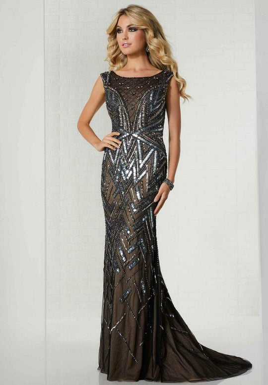 Tiffany Homecoming - 46122 Beaded Illusion Cap Sleeves Evening Gown In Gray and Black