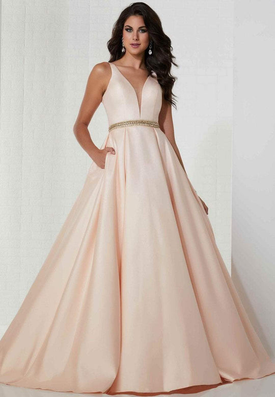 Tiffany Homecoming - 46123 Gilt Adorned Plunging Shimmer Satin Ballgown In Pink